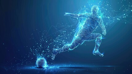 Wall Mural - football player kicking football vector blue background