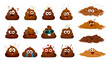 Cartoon poop emoji, funny poo excrement characters, happy toilet shit emoticons vector set. Stinky brown poop, excrement, crap, turd, dung or feces piles with comic faces, sunglasses, hearts and tears