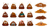 Fototapeta  - Cartoon poop emoji, funny poo excrement characters, happy toilet shit emoticons vector set. Stinky brown poop, excrement, crap, turd, dung or feces piles with comic faces, sunglasses, hearts and tears