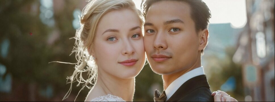 A blond woman and an Asian man in black tuxedos in a wedding photo, a close up shot, a romantic cityscape in daylight.