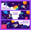 Space explore banners with alien and kid astronaut cartoon character in outer space, galaxy planets and stars. Cosmos travel, universe research or outerspace adventure vector horizontal banners
