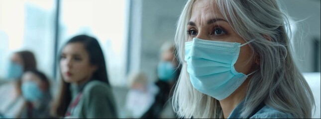 A group of women with gray hair, wearing medical masks in an office building during the day. The focus is on one woman's face as she looks at something outside the camera view. In the background blur