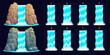 Waterfall sprite sheet animation of water cascade or river stream, vector game UI elements. Cartoon waterfall or water cascade, river falling from mountain rocks with splash for arcade game interface