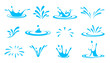 Cartoon water splash effects depict fluid dynamic splashing, droplets and ripples in motion. Isolated vector set of liquid splatters, aqua or water splashes and swirls for animation and visual effects