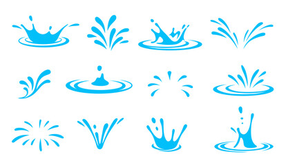 Cartoon water splash effects depict fluid dynamic splashing, droplets and ripples in motion. Isolated vector set of liquid splatters, aqua or water splashes and swirls for animation and visual effects