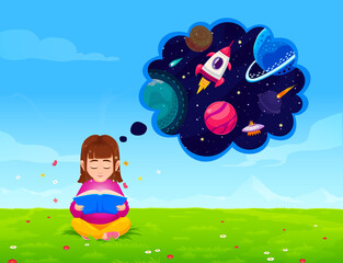 Poster - Girl on meadow thinking about space and reading book of galaxy adventure, cartoon vector. Kid girl with open book dreaming of space rocket shuttle, alien UFO and asteroids in starry galaxy sky