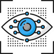 Machine learning and vision, AI algorithm, artificial intelligence outline color icon. Artificial intelligence computer science, machine learning future technology linear vector sign with eyeball