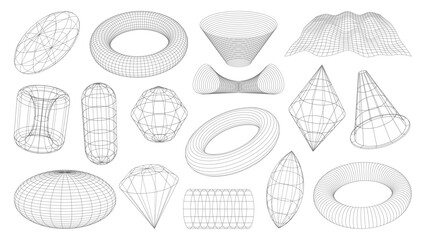 Wall Mural - 3d wireframe shapes, brutal and tech grids in retro perspective mesh, vector elements. abstract wire