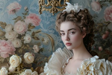 Beautiful young rococo lady. Royal majestic female in luxurious corset dress. Generate ai