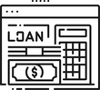 Fintech, online banking, money loan in Internet outline icon. Business investment, cryptocurrency payment or Internet finance loan linear vector symbol with calculator and money bills stack