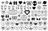 Fototapeta  - 8 bit pixel y2k icons and emoji. Isolated monochrome vector 8bit abstract set of retro ui elements in the mood of 90s aesthetics. Hand gestures, facial emotions and smiles, heart, eyes and globes,