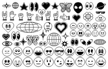 Fototapete - 8 bit pixel y2k icons and emoji. Isolated monochrome vector 8bit abstract set of retro ui elements in the mood of 90s aesthetics. Hand gestures, facial emotions and smiles, heart, eyes and globes,