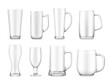 Realistic empty beer glass, tankard or pint cup and mug, isolated vector. Realistic transparent beer glasses in 3D, brewery bar drink crockery and glassware, beer goblets and pint tankards and mugs