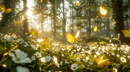 Wall Mural - Mystical Forest at Dusk, Fireflies Glowing Among Trees, Enchanting Summer Evening Captured in Nature