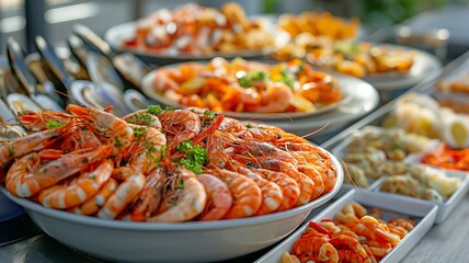 A seafood buffet is served at a table.