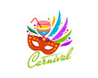 Carnival party icon or entertainment event symbol with cocktail and feathers, vector emblem. Masquerade carnival or holiday festival sign with Venetian mask and rainbow feathers with drink glass