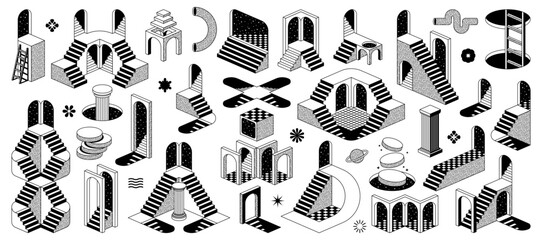 Psychedelic trippy y2k elements and surreal vector icons of stairs and podium staircase. Psychedelic art portal, planet and arch column with abstract shapes, retro surreal illusion trippy y2k ladders