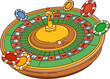 Cartoon retro groovy casino fortune wheel with chips, vector comic style art. Groovy casino roulette or wheel of fortune with poker chips for gamble game jackpot in 70s hippie retro cartoon graphic