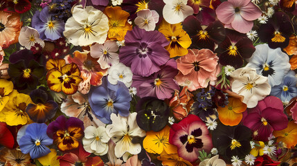 flat surface covered in pressed flowers of various colors, including pansies and daisies.