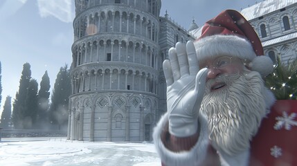 Wall Mural - santa claus waving in front of the tower