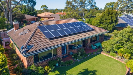 A suburban house adorned with solar panels on the roof, harnessing the power of the sun to create a sustainable oasis