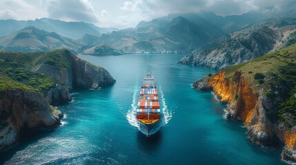 Poster - Showcase a container ship sailing past a picturesque coastal landscape, with rugged cliffs and verdant hillsides providing a stunning backdrop