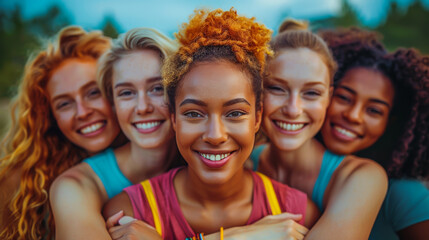 A group of women with different hair colors and styles are smiling and posing for a picture. Scene is happy and friendly, as the women are enjoying each other's company and sharing a moment together