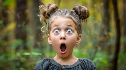 a little girl with pigtails with eyes and mouth open in surprise