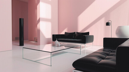 Poster - Minimalist lounge through a glass table, pastel walls with modern black furniture.