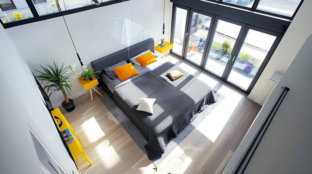 High-angle view of a bedroom with a charcoal bedspread and mustard highlights.