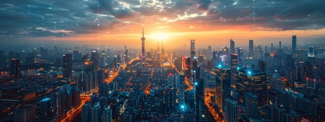 Wall Mural - futuristic ai-powered cityscape with advanced erp systems visualized as holographic interfaces acros
