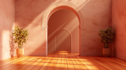 Poster - Stylish 3D office featuring a Moorish entrance and brown wood floor in soft morning light.