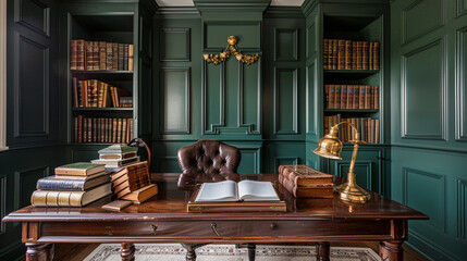 Poster - Elegant study featuring deep green walls, mahogany furnishings, and classic bookshelves.
