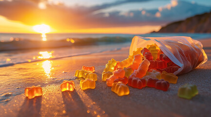 Wall Mural - a plastic bag of gummy bears on the beach at sunset