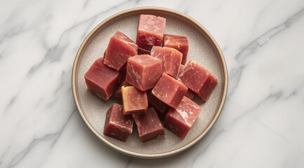 Wall Mural - A plate of raw tuna cubes