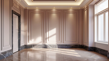 Wall Mural - High-end home with minimalist dusty rose walls and marble trim on a sunny day.
