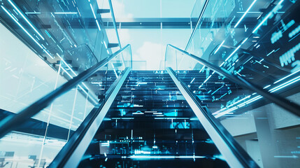 Poster - Innovative glass staircase featuring digital displays in a futuristic office setting.