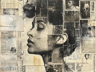 Artistic collage on vintage paper featuring retro newspaper clippings, old stamps