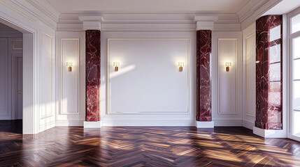 Wall Mural - Minimalist luxury home with white porcelain walls, ruby accents, and walnut parquet.