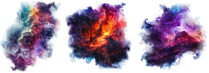Watercolour style clipart collection of galactic nebula, colourful galaxy bundle isolated on a transparent background