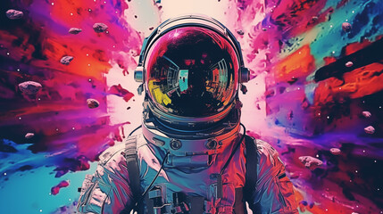 Astronaut amidst vibrant color-splashed nebula 3d rendering image. Space helmet reflection abstract wallpaper art colorful realistic. Galactic exploration concept idea, conceptual photo
