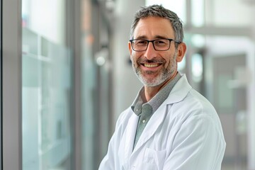 Wall Mural - confident male doctor smiling in modern medical office healthcare professional portrait