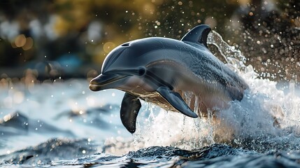 playful dolphin leaping out of the water, copy space