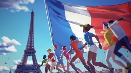 Wall Mural - games 2024 in Paris France. Athletes running, sports event, French flag and Eiffel tower background	