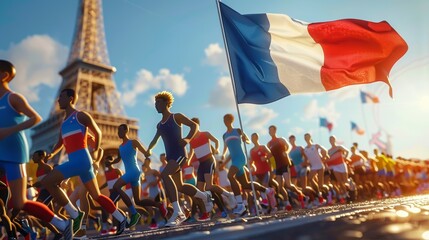 Wall Mural - games 2024 in Paris France. Athletes running, sports event, French flag and Eiffel tower background	