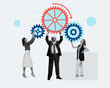 © Lustre - Poster. Contemporary art collage. Professionals interacting with oversized gears in symbolic representation of teamwork and cooperation. Concept of business, steps for successful growth, best practice