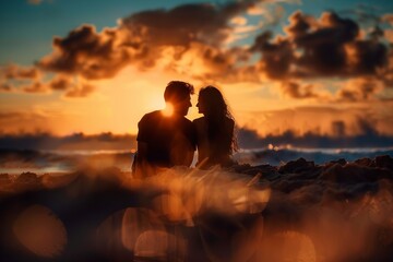 Poster - Couple Sitting on Beach Watching Sunset