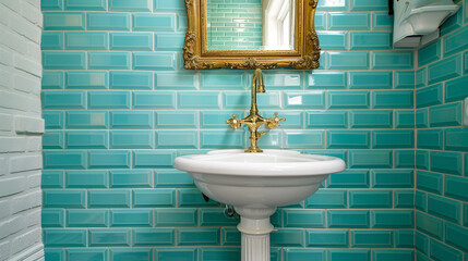 Wall Mural - Stylish bathroom with blue tiles, a golden framed mirror, and a traditional white sink.