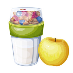 Wall Mural - Yogurt plastic box with muesli and apple, cartoon snack of school lunchbox. Funny yellow ripe apple and cup of milk product with calcium, healthy food for children cartoon vector illustration