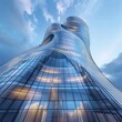 ©  Green Creator - Low angle view of futuristic architecture, Skyscraper of office building with curve glass window, 3D rendering